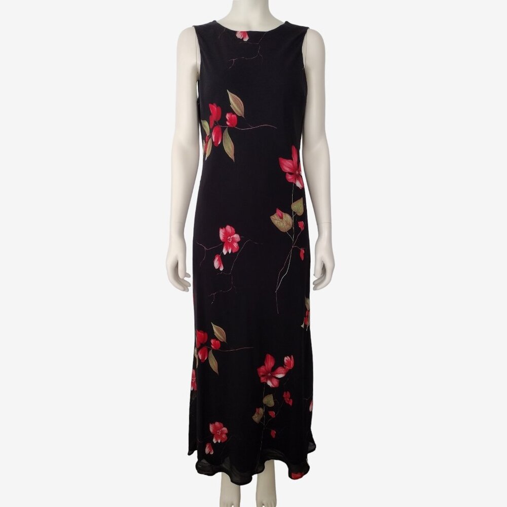 Vintage Y2K Black Chiffon Bias Cut Sleeveless Floral Print Maxi Dress 10